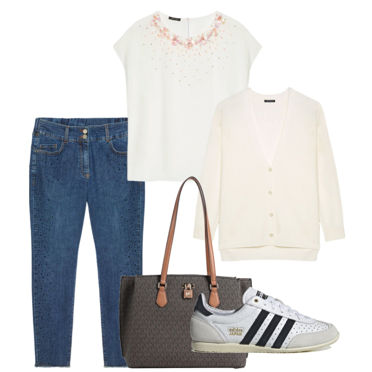 Outfit donna - Gennaio. Stile Bon Ton per Tutti i giorni. Abbinamento con borse a spalla, bluse, sneakers, jeans skinny, cardigans.