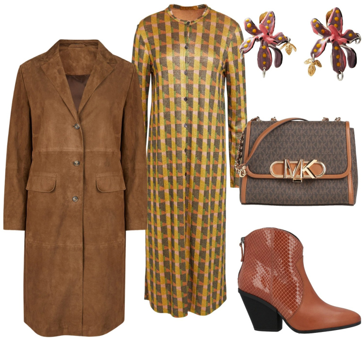 Outfit donna - Colori belli. per Ufficio. Abbinamento con stivaletti texani, vestiti midi/longuette, borse a tracolla, orecchini, cappotti.