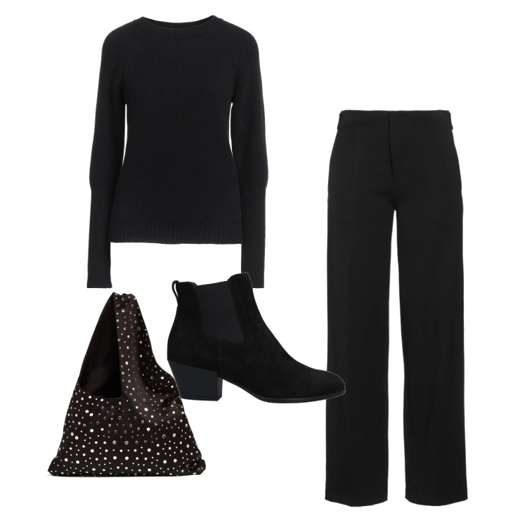 Outfit donna - Total black. Stile Urban per Tutti i giorni. Abbinamento con stivaletti chelsea, pantaloni, pullovers, borse a spalla.
