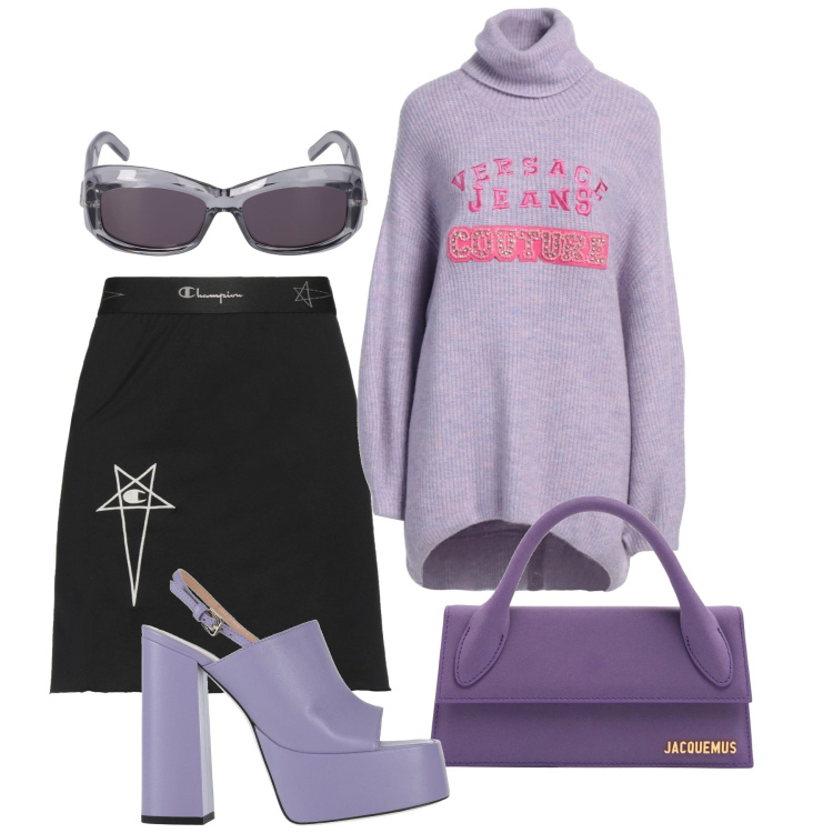 Outfit donna - Glicine urban. Stile Urban per Tutti i giorni. Abbinamento con minigonne, maglieria, sandali in pelle, borse a mano, occhiali da sole.