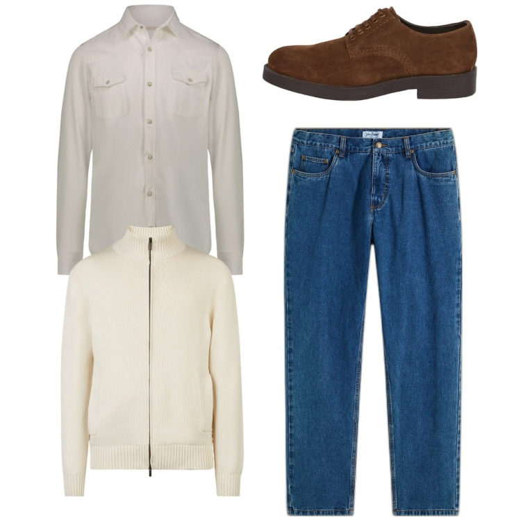 Outfit uomo - City. Stile Casual per Tutti i giorni. Abbinamento con jeans dritti, camicie, cardigans, scarpe stringate.