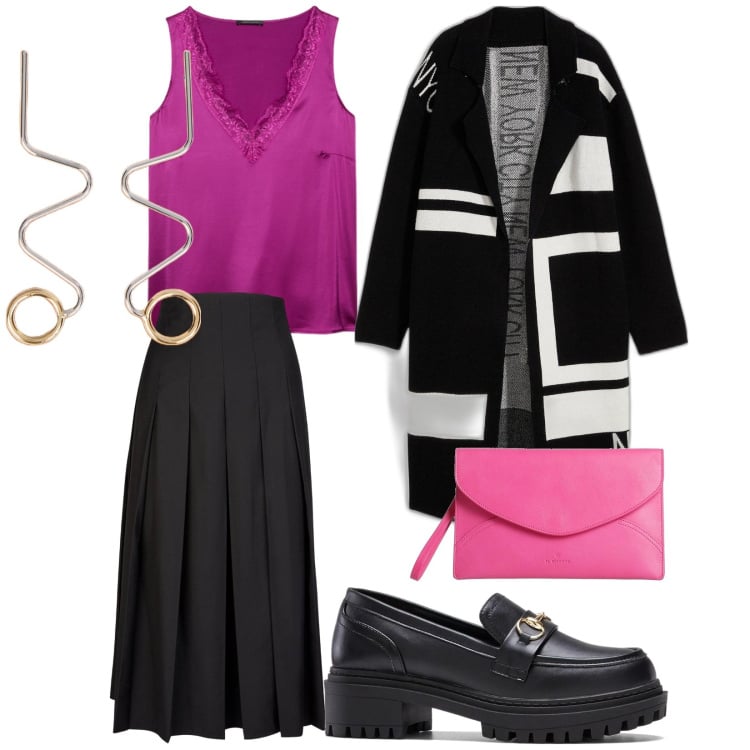 Outfit donna - Un tocco di rosa. per Tutti i giorni. Abbinamento con cardigans, mocassini, borse a mano, orecchini, top, gonne longuette.