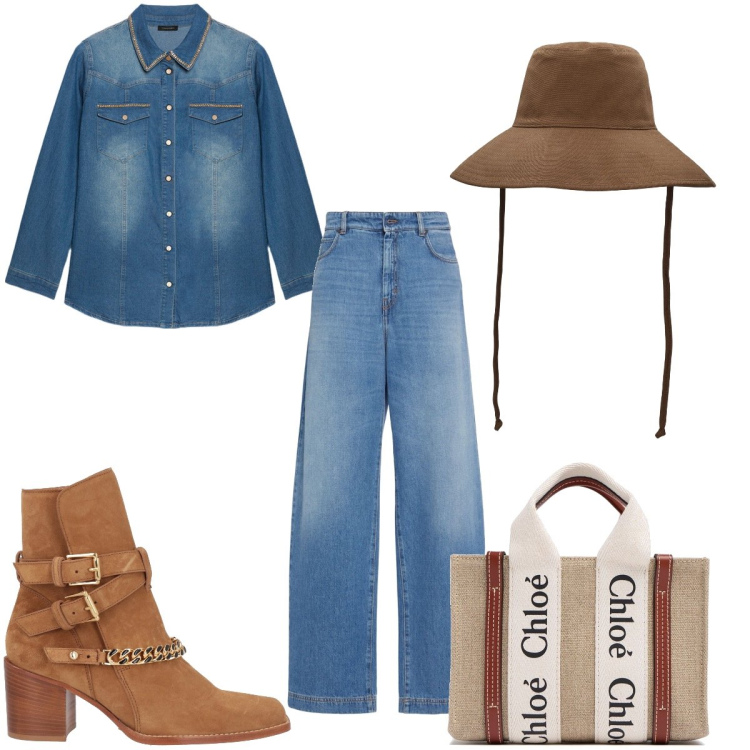 Outfit donna - Total look #2050788. per Tutti i giorni. Abbinamento con stivaletti, camicie, cappelli, borse a mano, jeans.