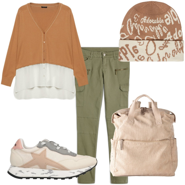 Outfit donna - Total look #2050794. per Tutti i giorni. Abbinamento con pantaloni cargo, zaini, sneakers, cardigans, cappelli.