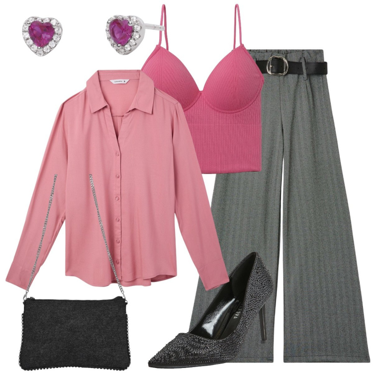 Outfit donna - Gli orecchini a forma di cuore. Stile Glamour per Serata fuori. Abbinamento con top, pantaloni, camicie, décolleté, borse a tracolla, orecchini.