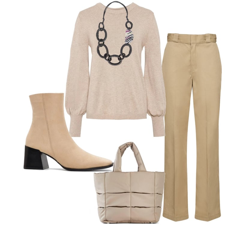 Outfit donna - Colori neutri. Stile Casual chic per Ufficio. Abbinamento con maglieria, borse a mano, stivaletti, collane, pantaloni.