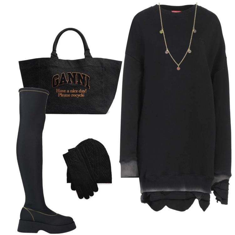 Outfit donna - Abito in maglia. Stile Glamour per Serata fuori. Abbinamento con stivali sopra il ginocchio, vestiti corti, cappelli, ciondoli, shopping bag.
