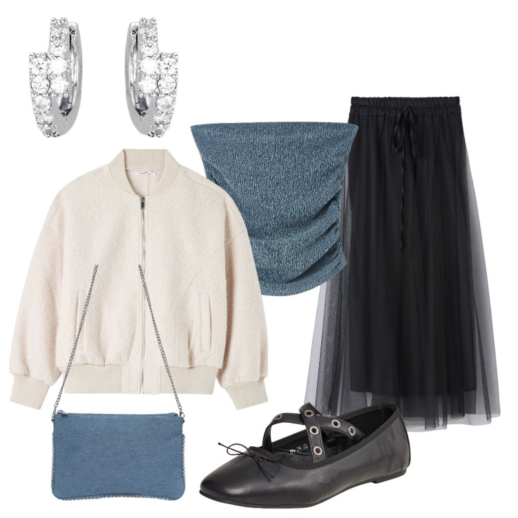 Outfit donna - Romantica con la gonna di tulle. Stile Glamour per Serata fuori. Abbinamento con borse a tracolla, ballerine, top, bomber, gonne lunghe, orecchini.