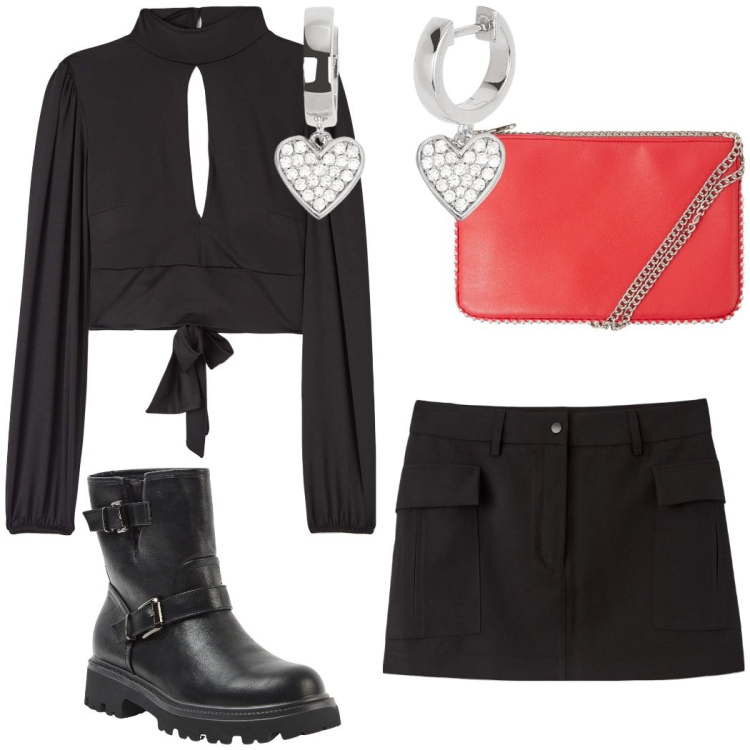 Outfit donna - San Valentino. Stile Sexy per Serata fuori. Abbinamento con borse a tracolla, gonne, t-shirt, stivaletti, orecchini.