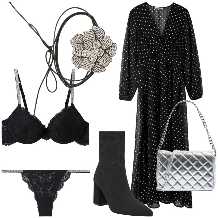 Outfit donna - Terranova - San Valentino. Stile Romantica per Serata fuori. Abbinamento con vestiti lunghi, collane, reggiseni a balconcino, culotte, stivaletti, borse a tracolla.