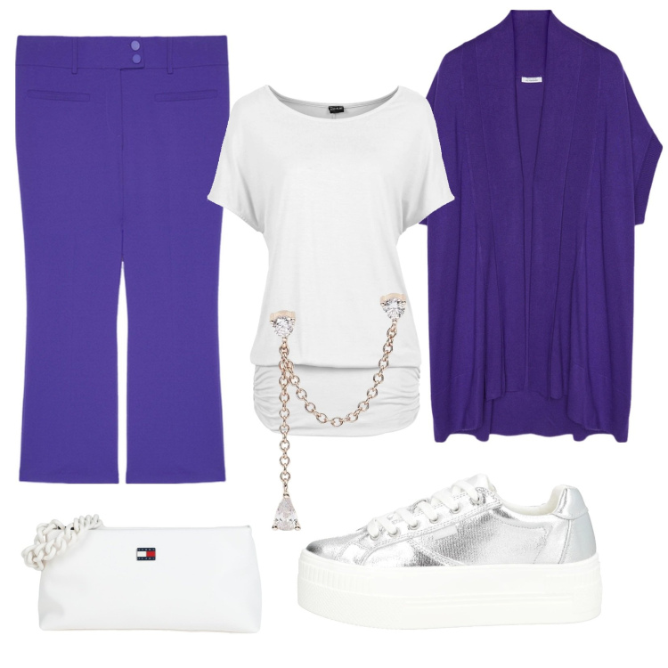 Outfit donna - Total look #2050832. Stile Casual per Tutti i giorni. Abbinamento con maglieria, borse a mano, sneakers, orecchini, cardigans, pantaloni.