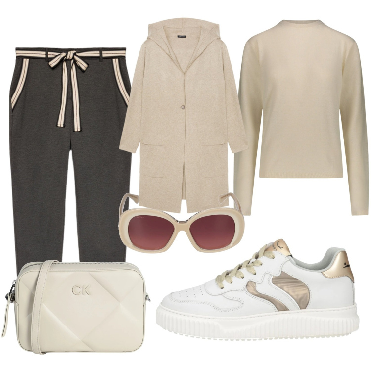 Outfit donna - Total look #2050841. Stile Casual per Ufficio. Abbinamento con sneakers, borse a tracolla, pantaloni chino, pullovers, cardigans, occhiali da sole.