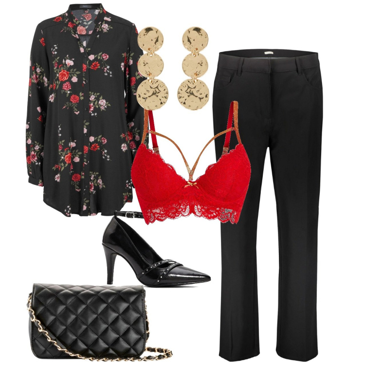 Outfit donna - San Valentino. Stile Sexy per Serata fuori. Abbinamento con borse a tracolla, camicie, décolleté, reggiseni, pantaloni, orecchini.