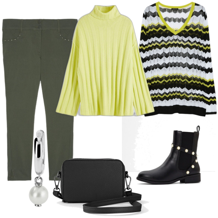 Outfit donna - Total look #2050867. Stile Casual per Scuola/Università. Abbinamento con borse a tracolla, maglieria, stivaletti, orecchini, pantaloni skinny, maglieria.