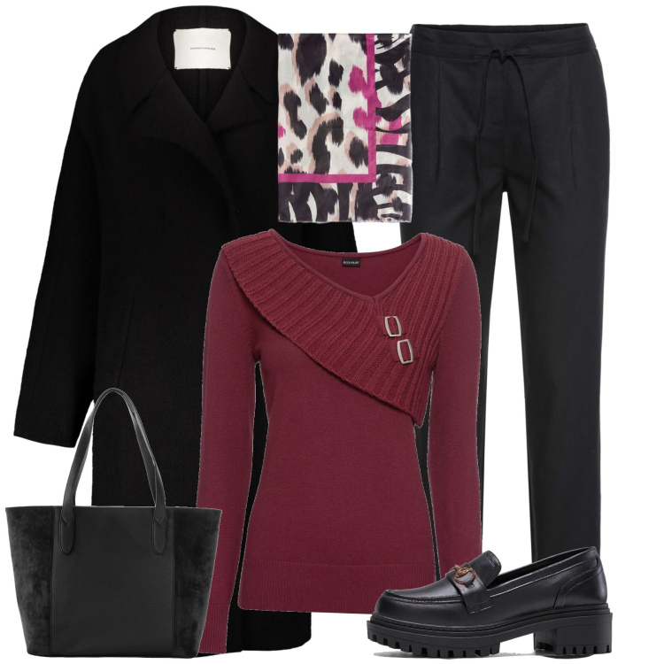 Outfit donna - Febbraio in ufficio. Stile Urban per Tutti i giorni. Abbinamento con maglieria, pantaloni, shopping bag, mocassini, cappotti, foulard.