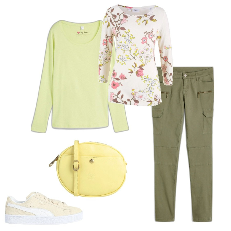 Outfit donna - Mi piaci in verde. Stile Romantica per Tutti i giorni. Abbinamento con maglieria, pantaloni cargo, maglieria, sneakers, borse a tracolla.