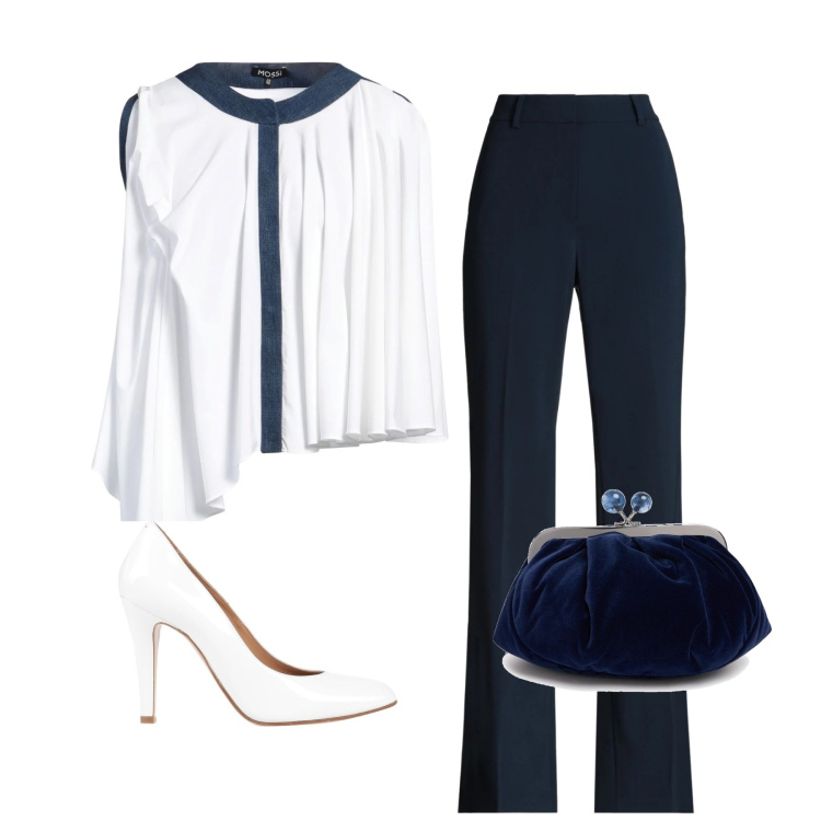 Outfit donna - Bianco e blu. Stile Chic per Cerimonia. Abbinamento con pantaloni, camicie, décolleté, pochette.