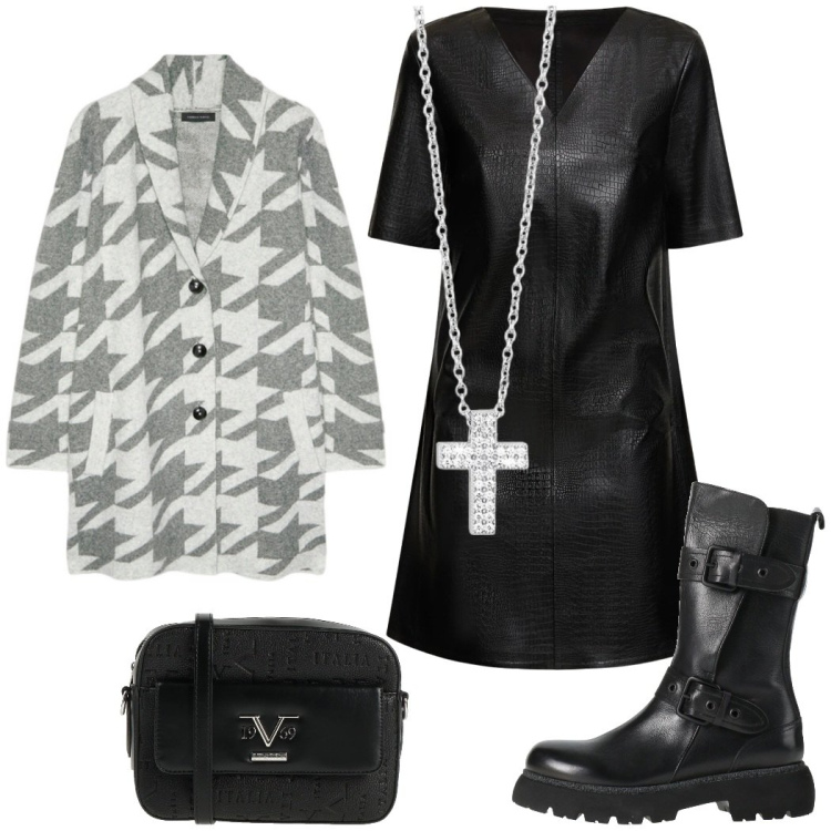 Outfit donna - Nero grintoso. Stile Minimal per Serata fuori. Abbinamento con stivaletti, borse a tracolla, collane, cardigans, vestiti.