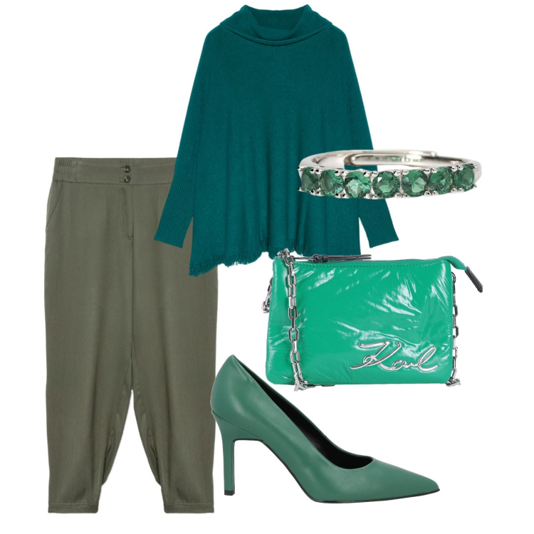 Outfit donna - Green chic. Stile Chic per Serata fuori. Abbinamento con décolleté, borse a mano, anelli, maglieria, pantaloni.