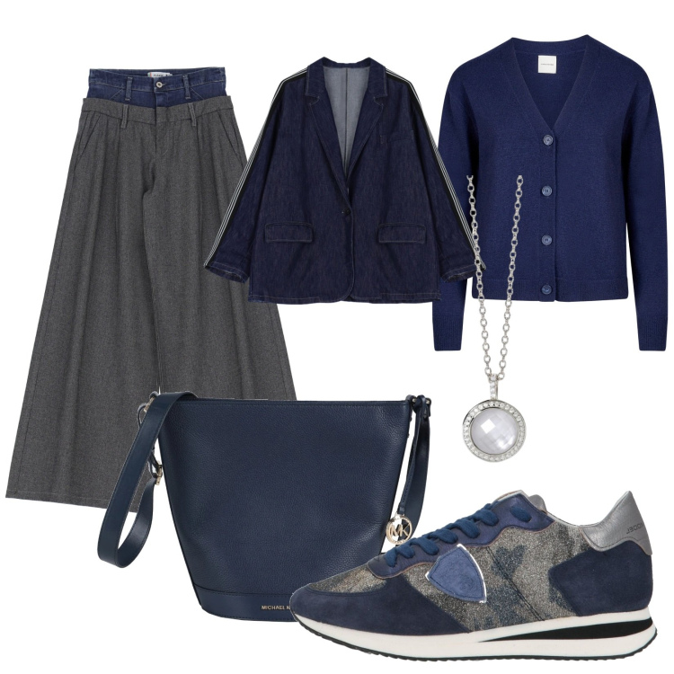 Outfit donna - Total look #2050885. Stile Casual per Scuola/Università. Abbinamento con sneakers, borse a spalla, collane, blazer, pantaloni a palazzo, cardigans.