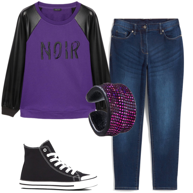 Outfit donna - Purple vibes anni ‘90. Stile Urban per Scuola/Università. Abbinamento con jeans boyfriend, sneakers alte, orecchini, felpe.