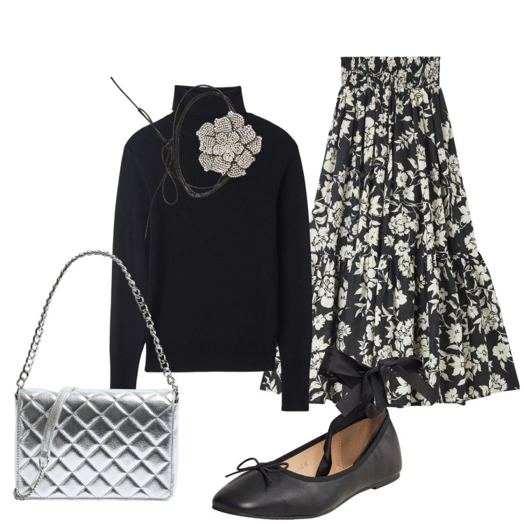 Outfit donna - San Valentino con Terranova. Stile Chic per Serata fuori. Abbinamento con gonne lunghe, collane, maglieria, ballerine, borse a tracolla.