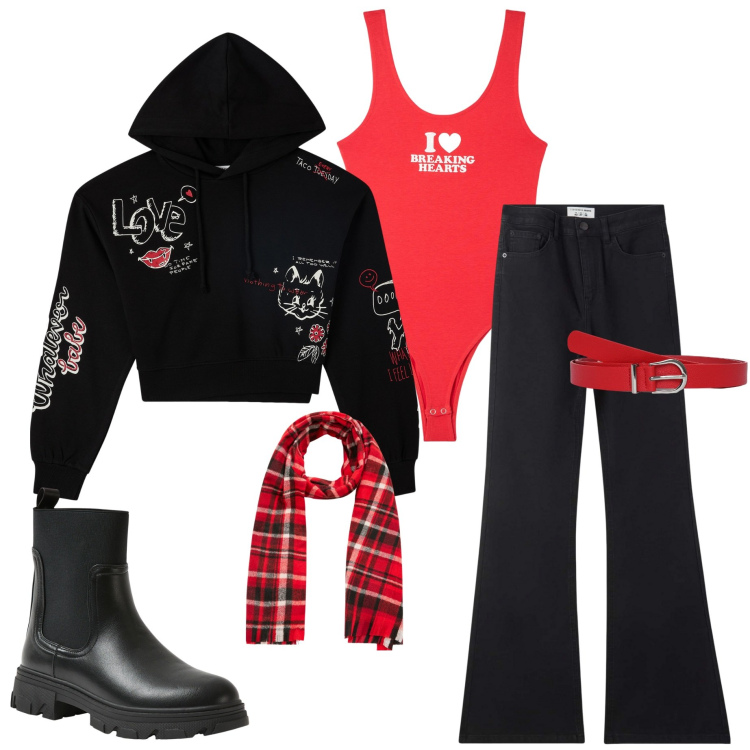 Outfit donna - San Valentino con Terranova. Stile Casual chic per Serata fuori. Abbinamento con jeans a zampa, body, cinture, felpe con cappuccio, stivaletti chelsea, sciarpe.