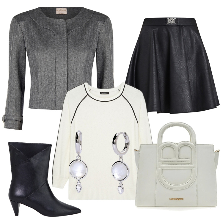 Outfit donna - Total look #2050924. Stile Glamour per Serata fuori. Abbinamento con orecchini, minigonne, blazer, stivaletti, maglieria, borse a tracolla.