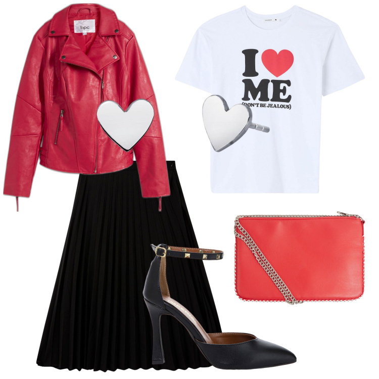 Outfit donna - innamorati di te️. Stile Rock per Serata fuori. Abbinamento con blazer, t-shirt, borse a tracolla, gonne lunghe, orecchini, décolleté.