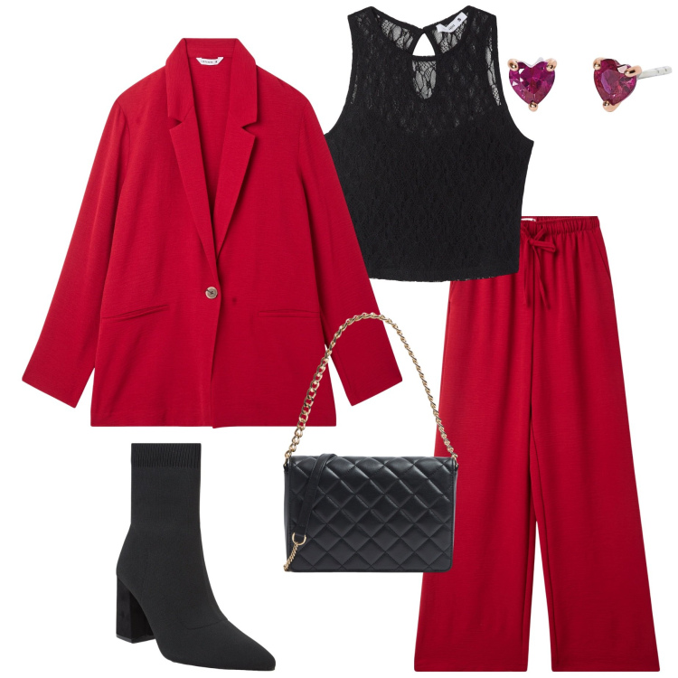 Outfit donna - San Valentino con Terranova. Stile Chic per Serata fuori. Abbinamento con pantaloni, top, blazer, stivaletti, borse a tracolla, orecchini.
