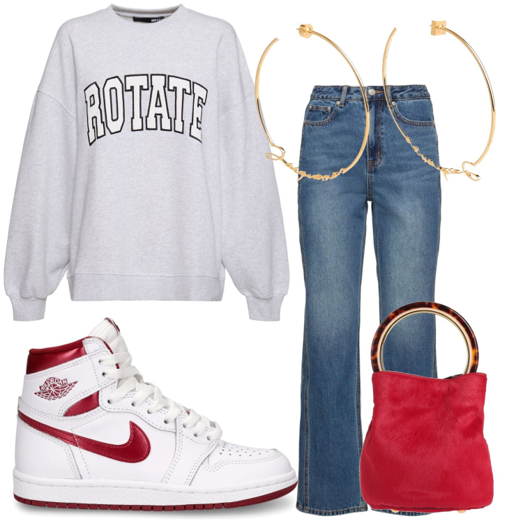 Outfit donna - Revival urban. Stile Sporty chic per Tutti i giorni. Abbinamento con borse a secchiello, jeans dritti, orecchini, sneakers, felpe.