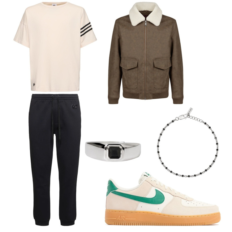Outfit uomo - L\'abbinamento dei colori. Stile Casual per Tutti i giorni. Abbinamento con anelli, braccialetti, giacche, sneakers, pantaloni, t-shirt.