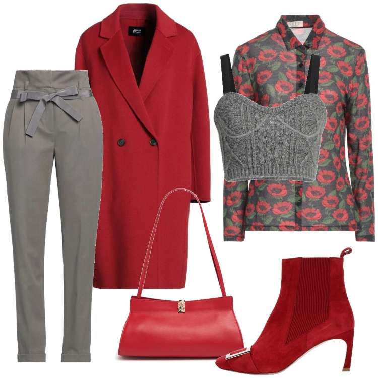 Outfit donna - Raffinato rosso e grigio. Stile Chic per Serata fuori. Abbinamento con stivaletti, camicie, cappotti, pantaloni, top, borse a spalla.