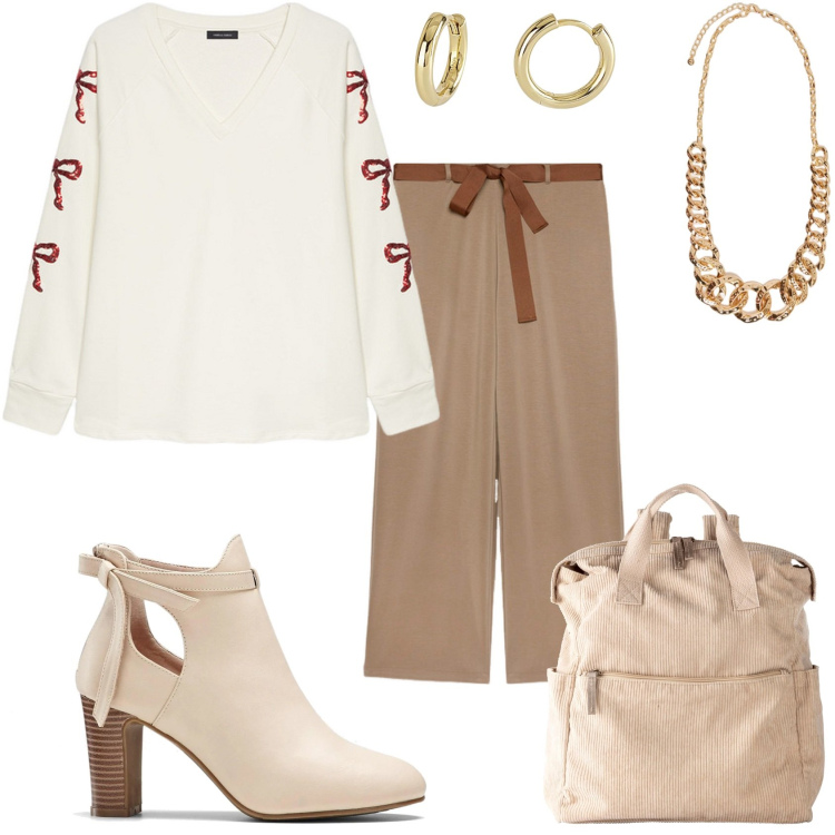Outfit donna - Glamour di mezza giornata. Stile Casual chic per Tutti i giorni. Abbinamento con stivaletti, zaini, orecchini, felpe, pantaloni, collane.