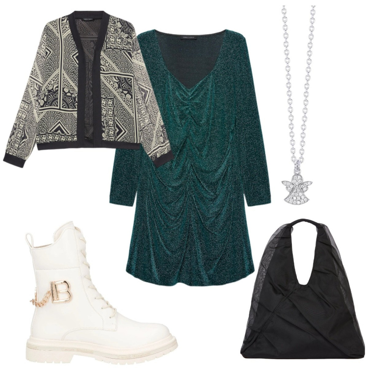 Outfit donna - Total look #2050982. Stile Trendy per Tutti i giorni. Abbinamento con anfibi, collane, shopping bag, vestiti corti, blazer.