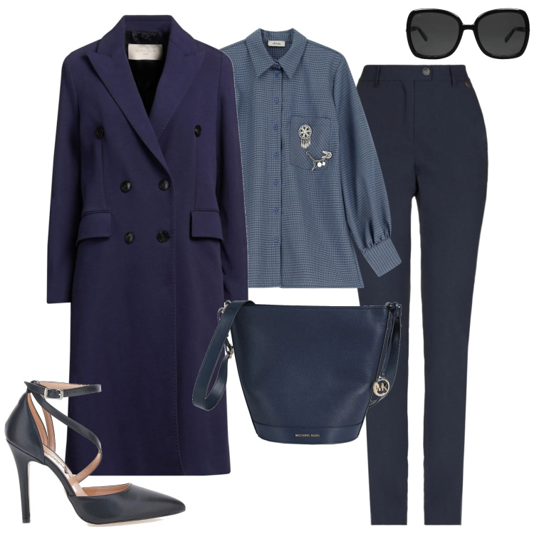 Outfit donna - Blu. Stile Chic per Tutti i giorni. Abbinamento con pantaloni, cappotti, borse a spalla, occhiali da sole, camicie, décolleté.