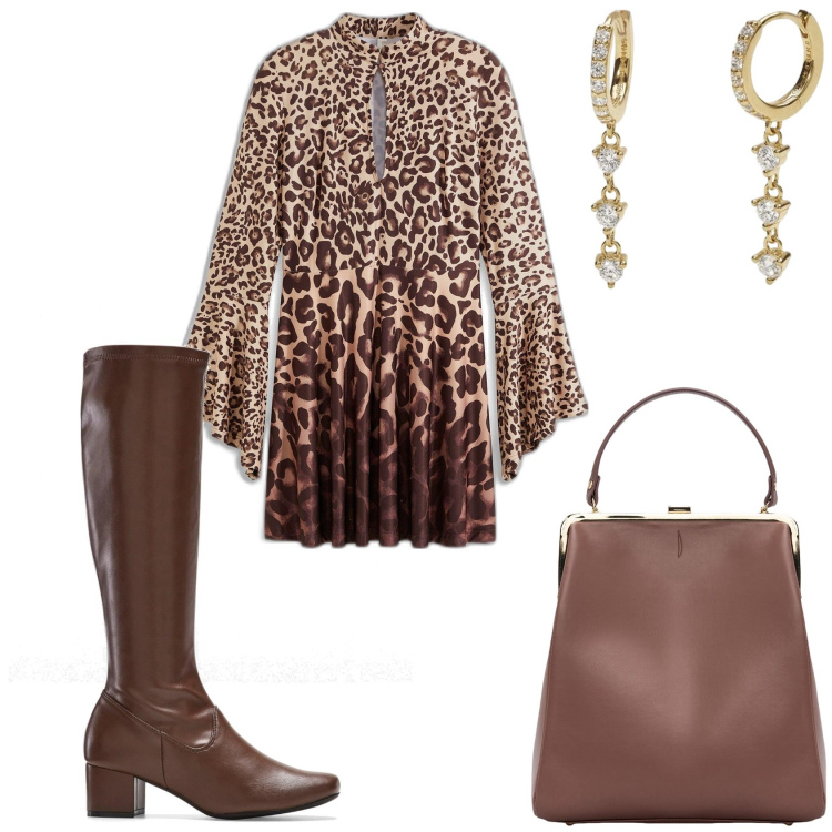 Outfit donna - Serata leopardata. Stile Trendy per Serata fuori. Abbinamento con stivali, vestiti, orecchini, borse a spalla.