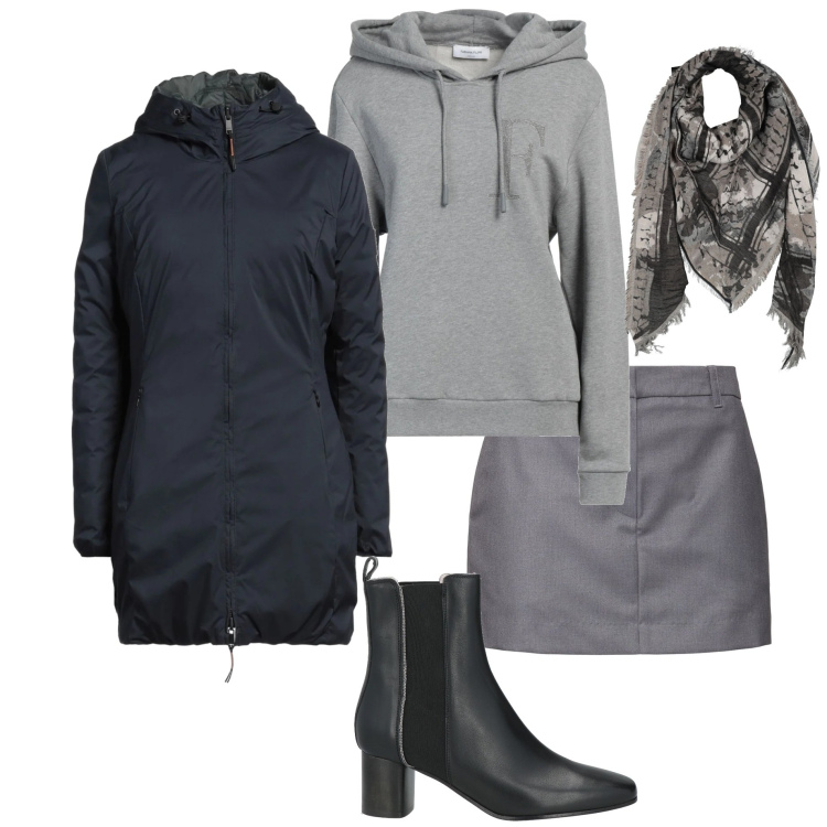Outfit donna - Casual chic. Stile Casual chic per Ufficio. Abbinamento con parka, stivaletti chelsea, stole, felpe con cappuccio, minigonne.