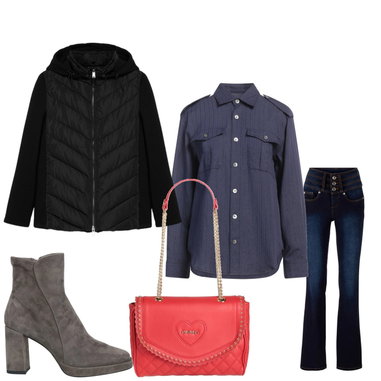 Outfit donna - Ready. Stile Casual chic per Ufficio. Abbinamento con jeans bootcut, borse a mano, stivaletti, camicie, piumini.