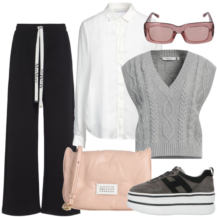 Outfit donna - Pomeriggio libero. Stile Urban per Tutti i giorni. Abbinamento con camicie, pullovers, sneakers, borse a tracolla, occhiali da sole, pantaloni.