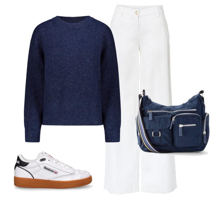 Outfit donna - Bianco e blu. Stile Casual per Tutti i giorni. Abbinamento con pantaloni a palazzo, borse a tracolla, maglieria, sneakers.