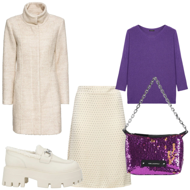 Outfit donna - Viola glitter. Stile Casual chic per Serata fuori. Abbinamento con cappotti, mocassini, borse a mano, maglieria, gonne.