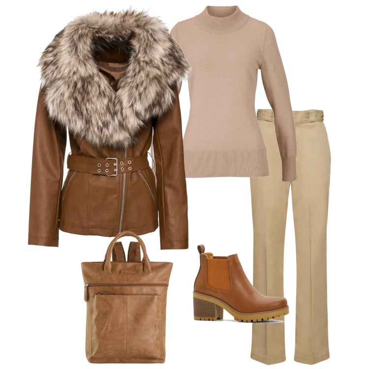 Outfit donna - In città. Stile Casual chic per Ufficio. Abbinamento con zaini, stivaletti chelsea, maglieria, blazer, pantaloni.