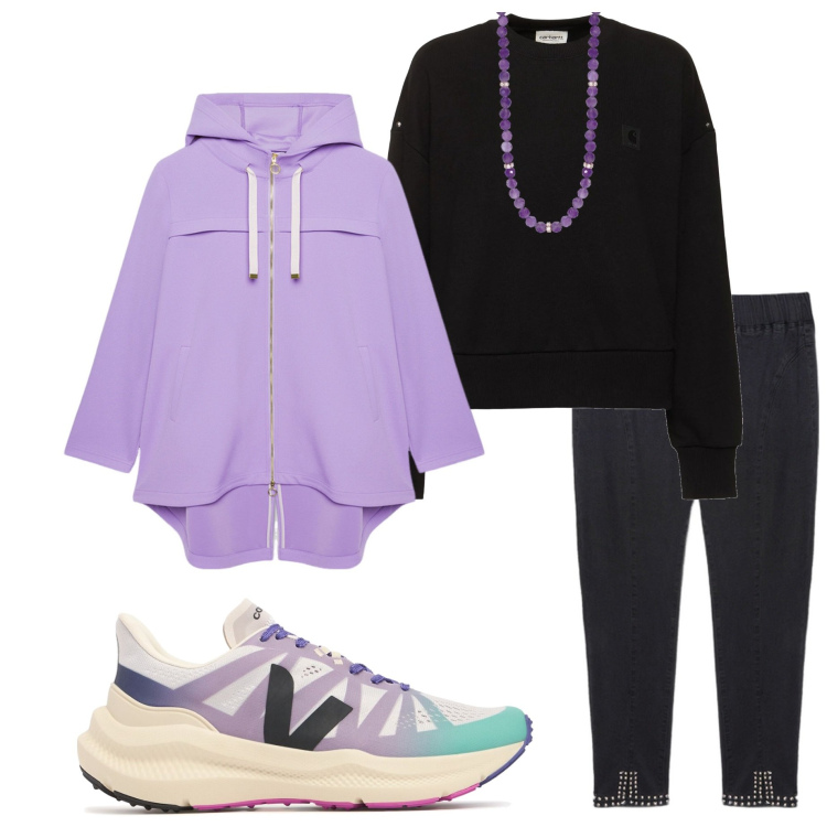 Outfit donna - Voglia di primavera. Stile Casual chic per Tutti i giorni. Abbinamento con collane, parka, jeggings, sneakers, felpe.