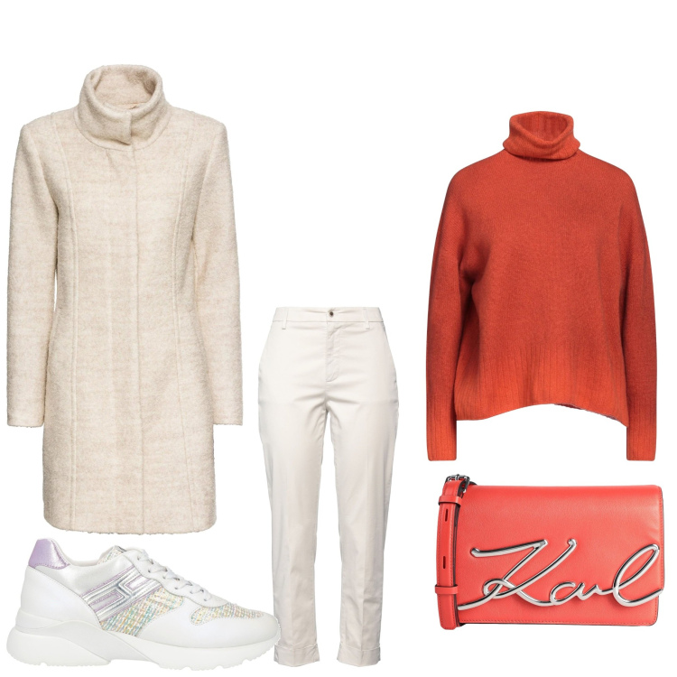 Outfit donna - Sporting. Stile Casual Abbinamento con cappotti, sneakers, maglieria, borse a tracolla, pantaloni.