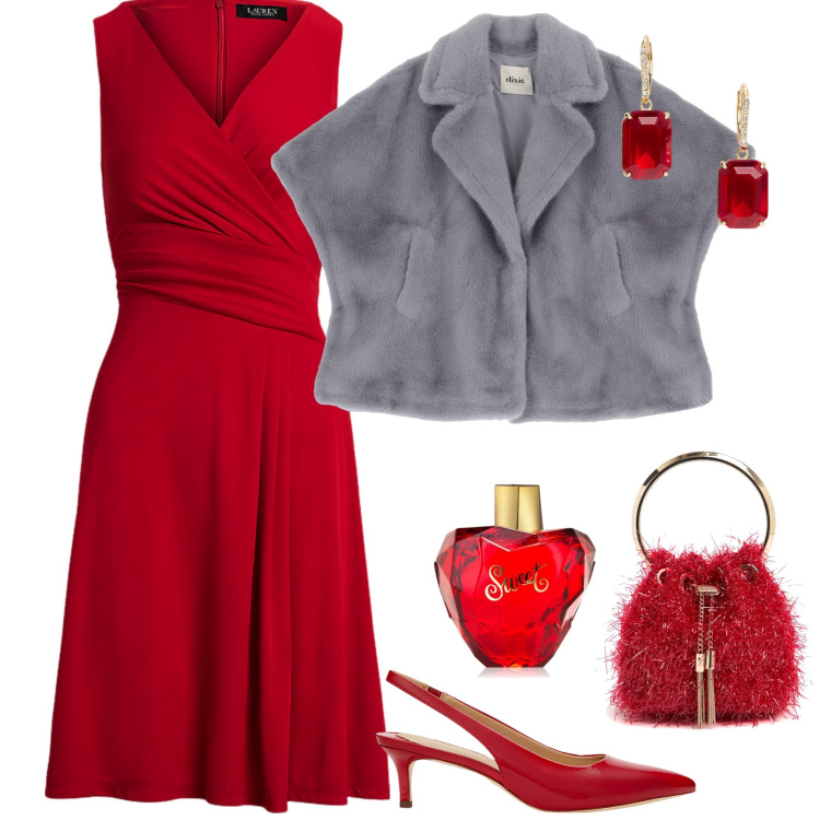 Outfit donna - Rosso San Valentino. Stile Glamour per Tutti i giorni. Abbinamento con profumi, vestiti, orecchini, décolleté, blazer, borse a spalla.