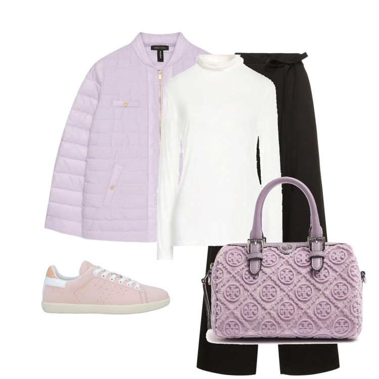 Outfit donna - Casual in lilla. Stile Casual per Tutti i giorni. Abbinamento con t-shirt, sneakers, piumini, pantaloni, borse a mano.