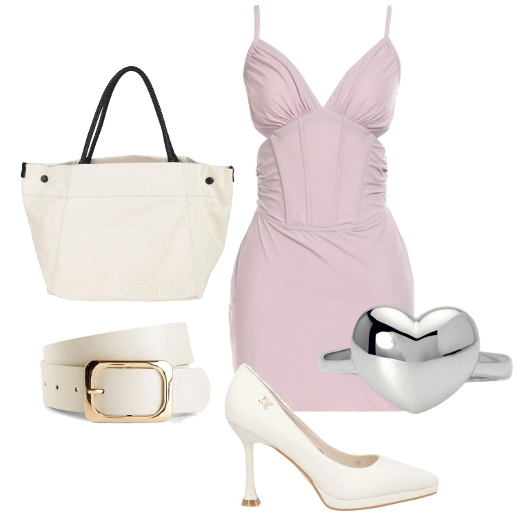 Outfit donna - Linee morbide. Stile Sexy per Tutti i giorni. Abbinamento con cinture, vestiti corti, décolleté, borse a mano, anelli.