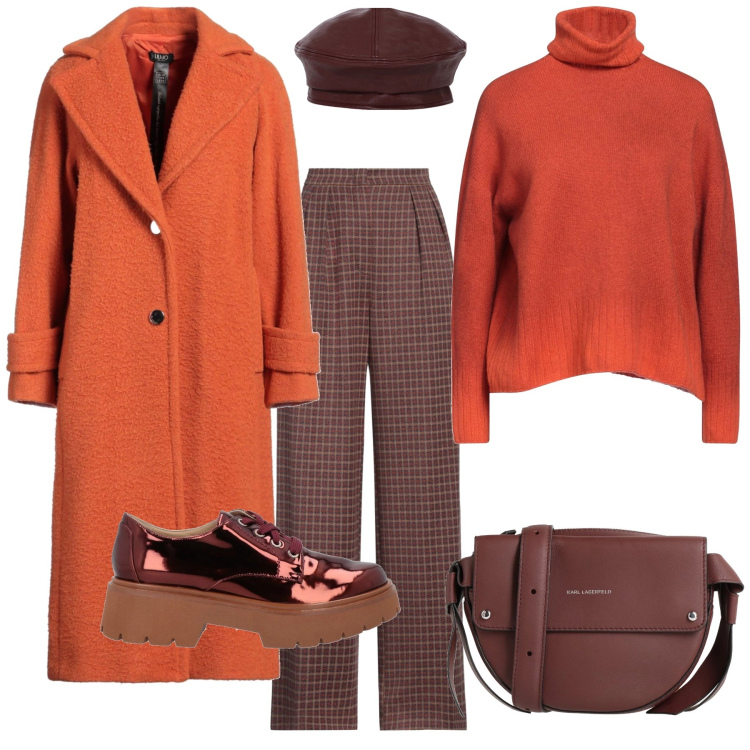 Outfit donna - Arancione che passione. Stile Basic per Ufficio. Abbinamento con cappotti, scarpe stringate, pantaloni, borse a tracolla, maglieria, cappelli e berretti.