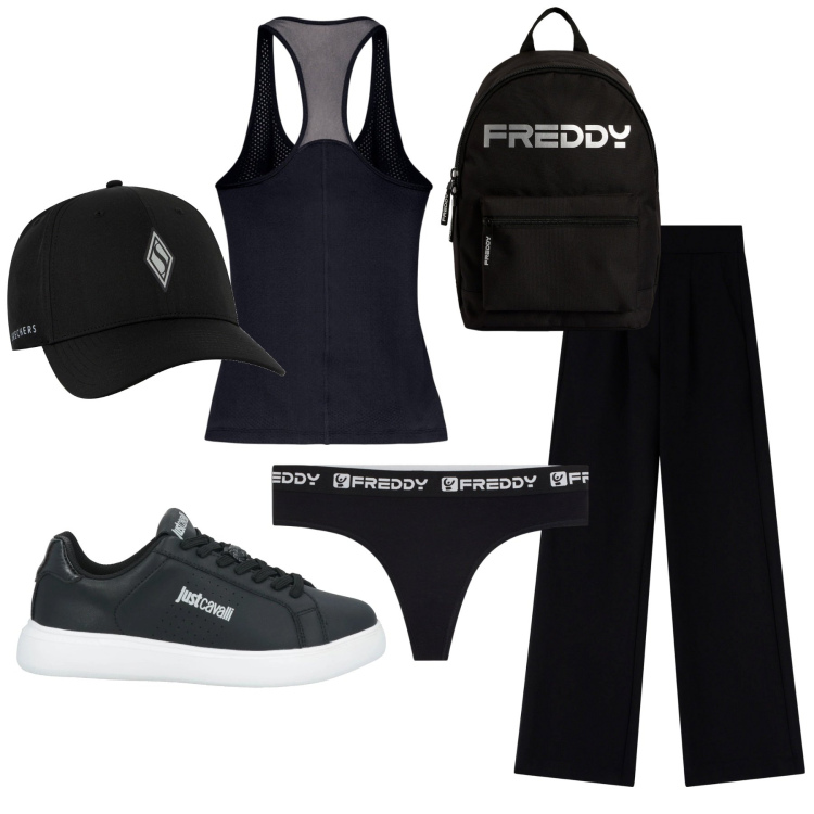 Outfit donna - Basic sport. Stile Basic per Sport. Abbinamento con sneakers, pantaloni, zaini, perizomi, cappelli con visiera, canottiere.